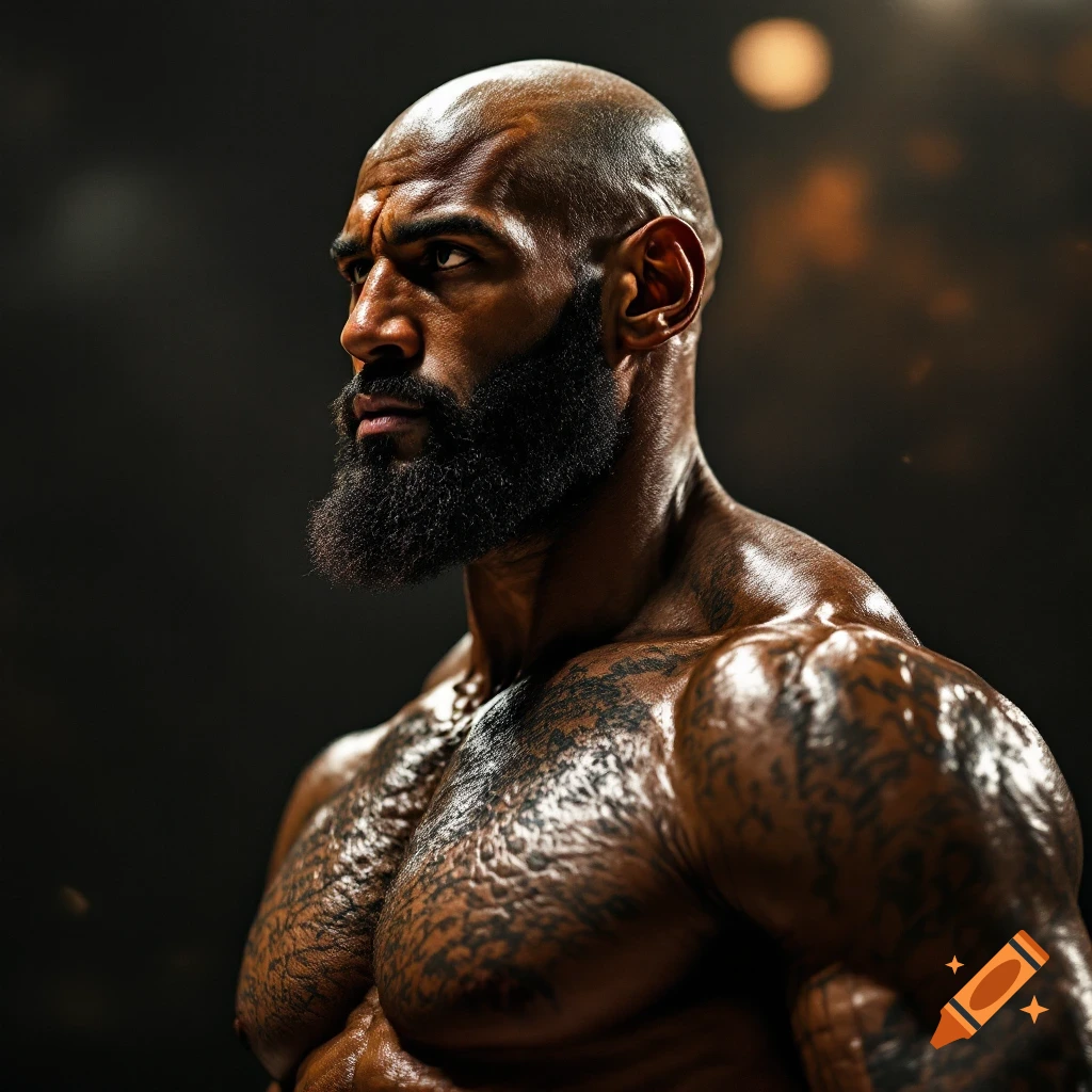 Close-up portrait of a muscular bald man with a beard and chest tattoos.