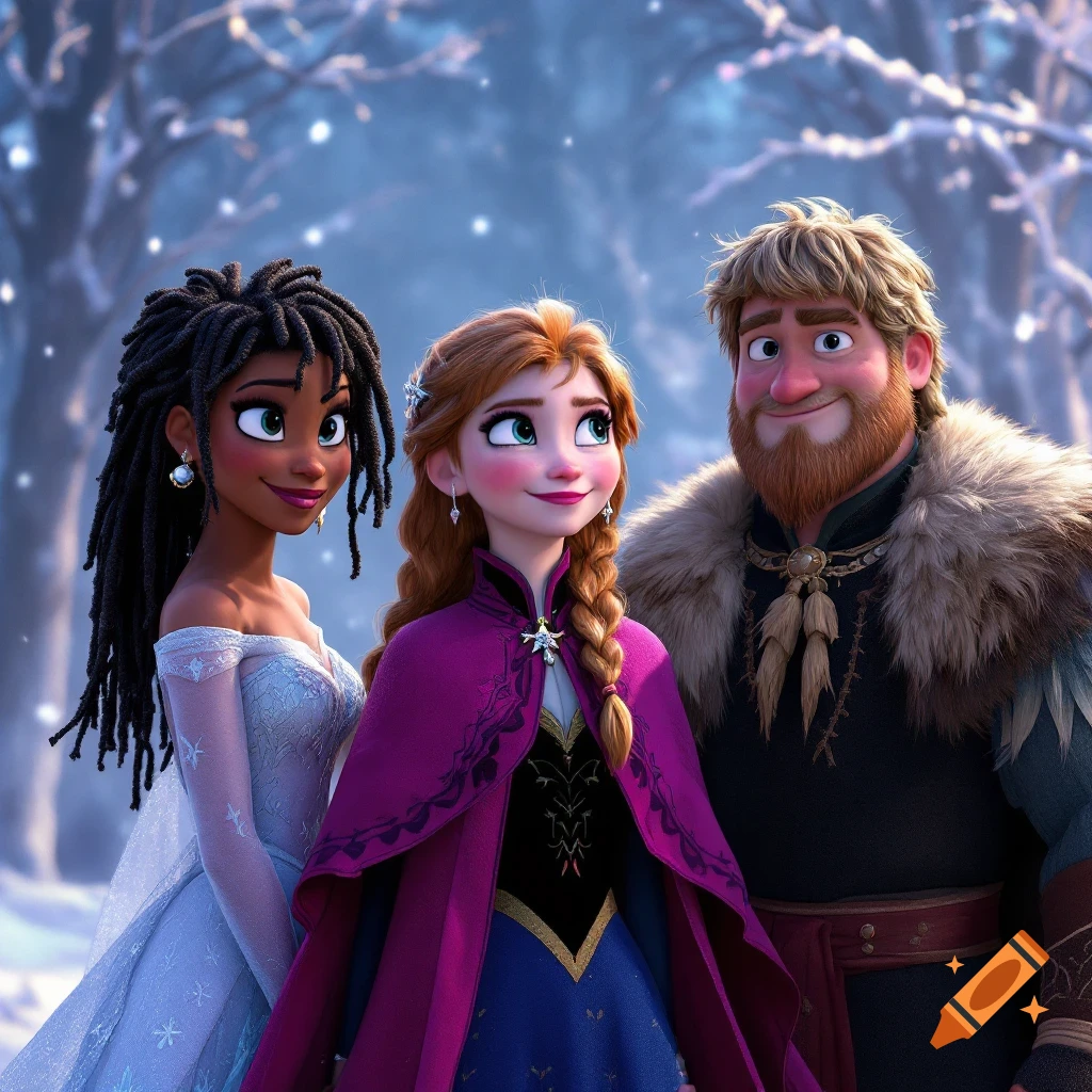 Three animated characters in a snowy forest. A woman with dreadlocks in a white dress, a red-haired woman in a purple cloak, and a man with a beard in fur.