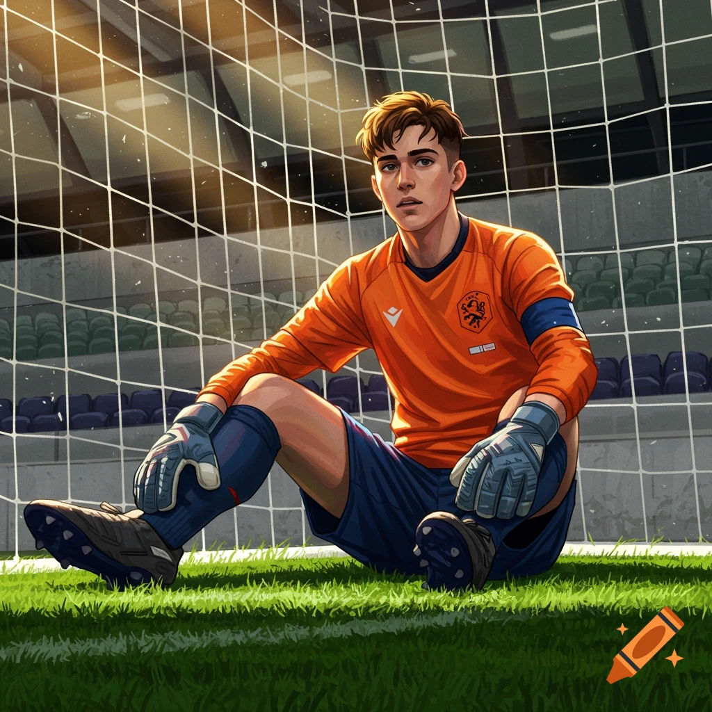 A young soccer goalkeeper is sitting in the goal.