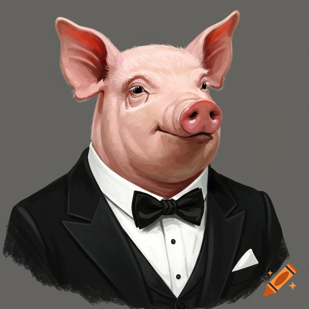 A pig wearing a tuxedo