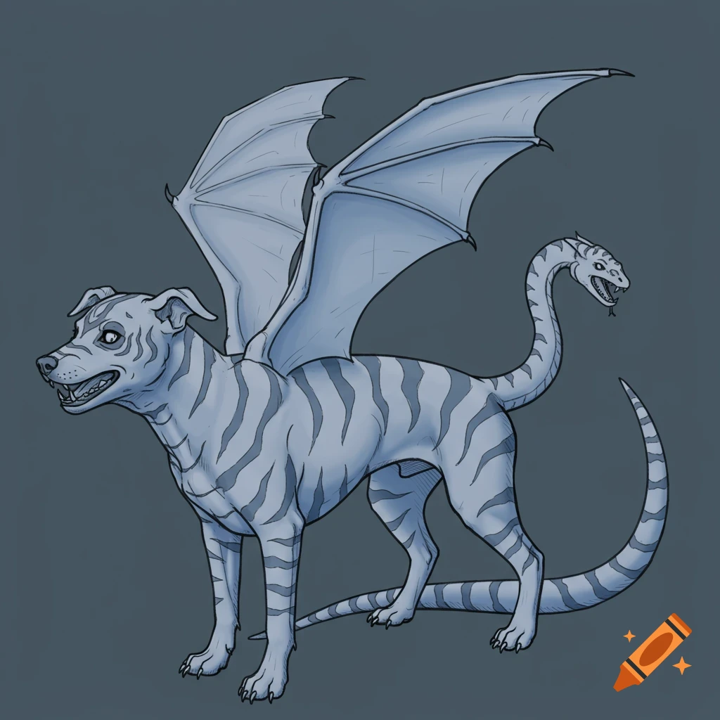 Illustration of a striped pale blue dog-like creature with dragon wings and a snake tail and head.