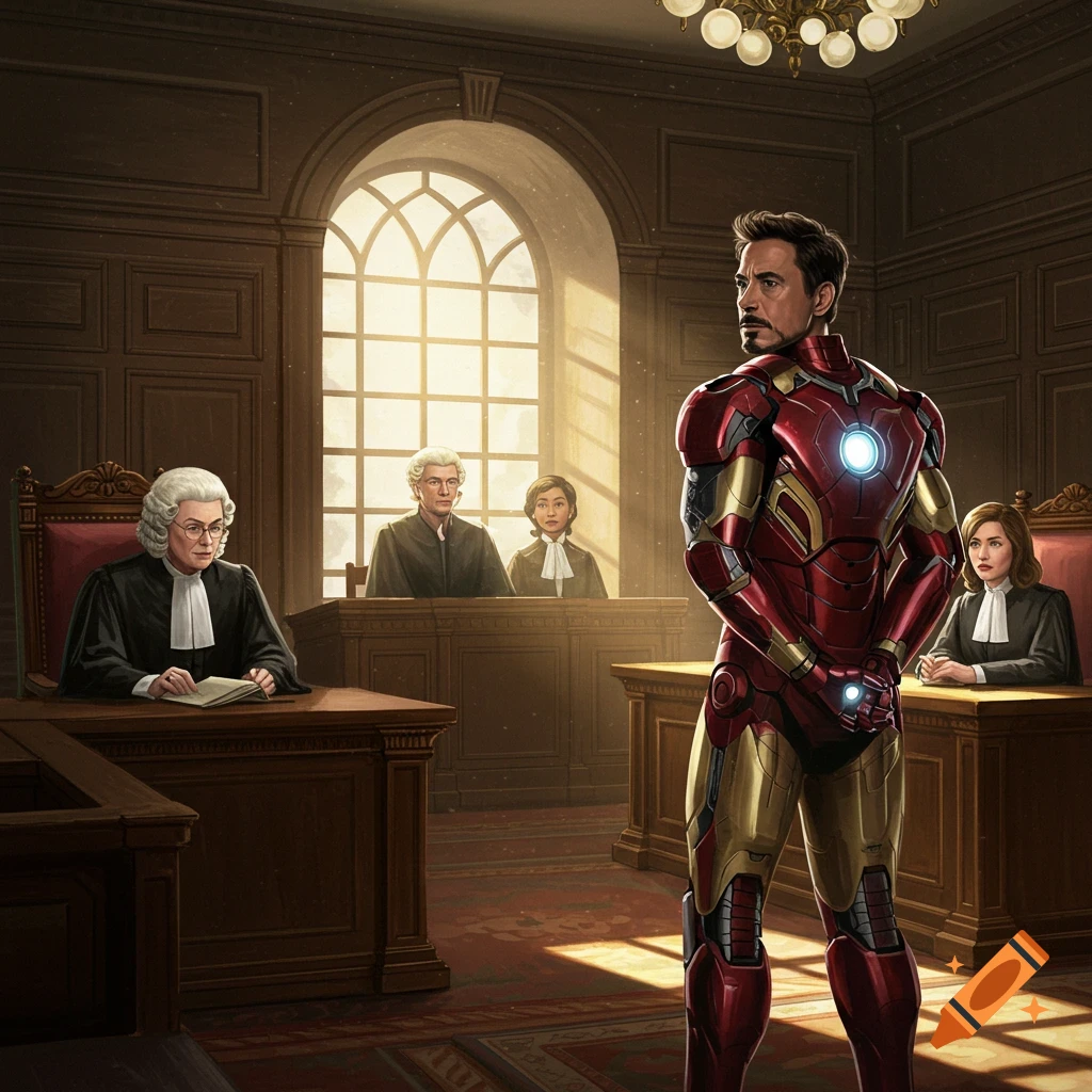 Iron Man stands in his suit in a courtroom facing judges.
