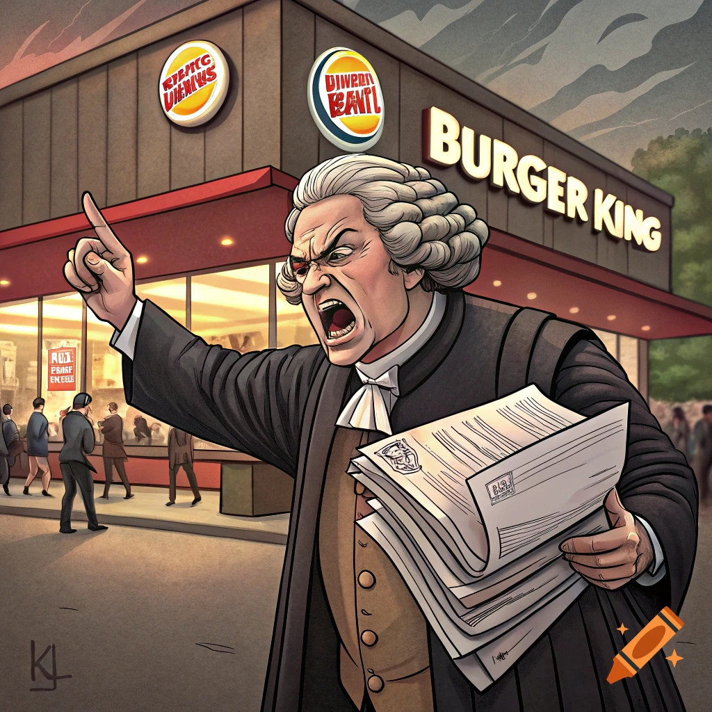 An angry historical figure in a wig and robe points and yells in front of a Burger King restaurant, holding papers. Illustration style.