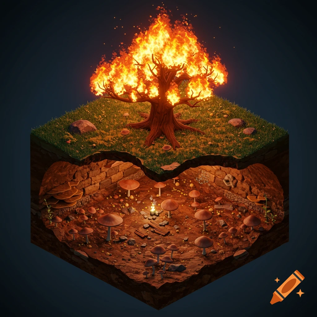 An isometric cross-section shows a burning tree above ground and a mushroom-filled cave below.