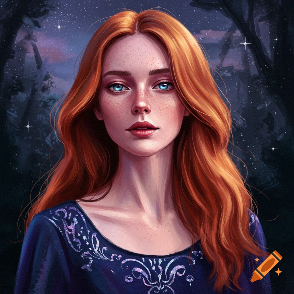 Portrait of a woman with red hair and blue eyes in a dark forest under a starry sky.