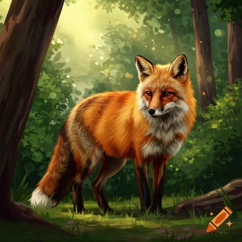 A red fox stands in a sunlit forest.