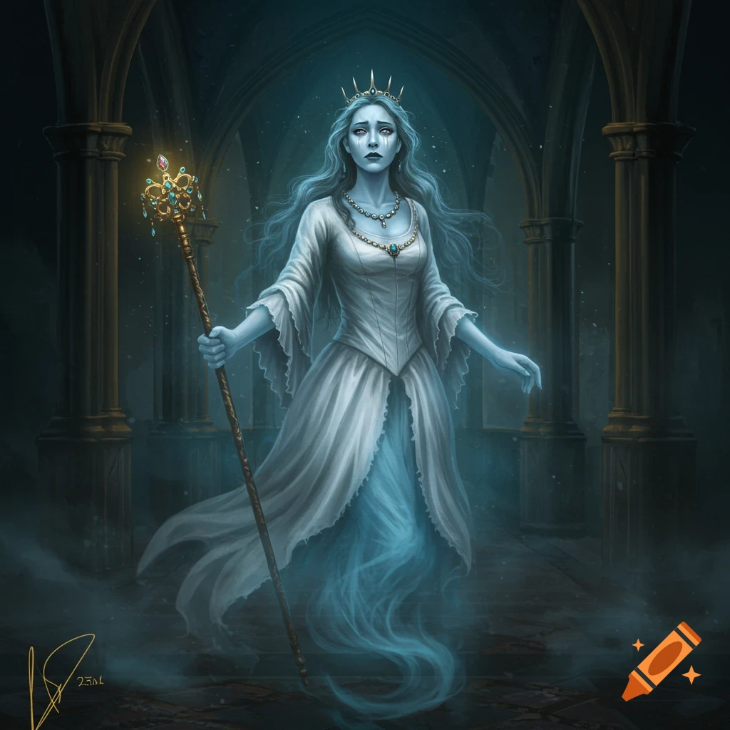 A ghostly queen in a white dress stands in an arched hallway, holding a staff.
