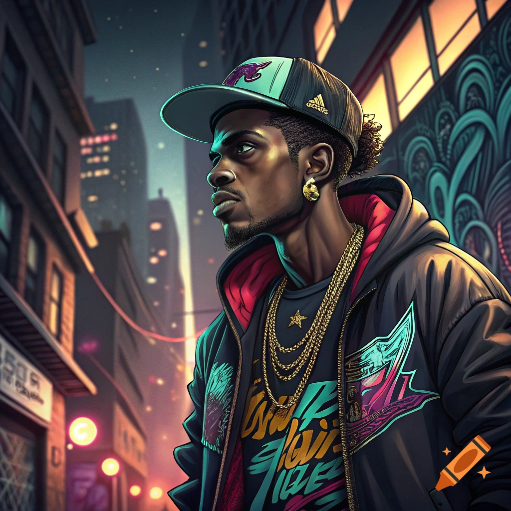 A stylized portrait of a man in hip hop attire with chains and a cap, standing on an urban street at night.