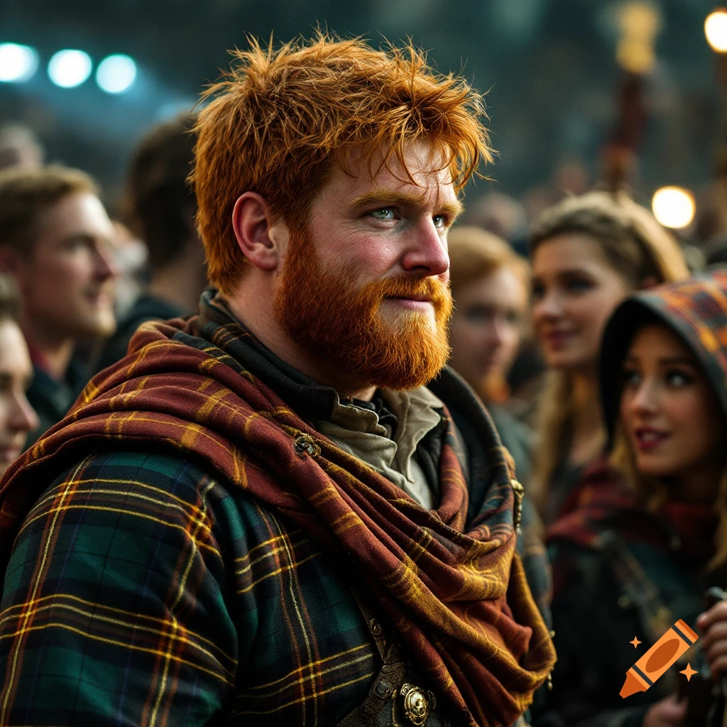 Photorealistic portrait of a man with red hair and beard wearing a tartan plaid in a crowd.