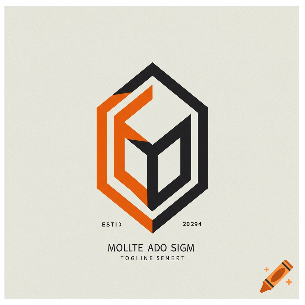 Logo featuring a hexagonal graphic with interlocking orange and black lines and placeholder text.