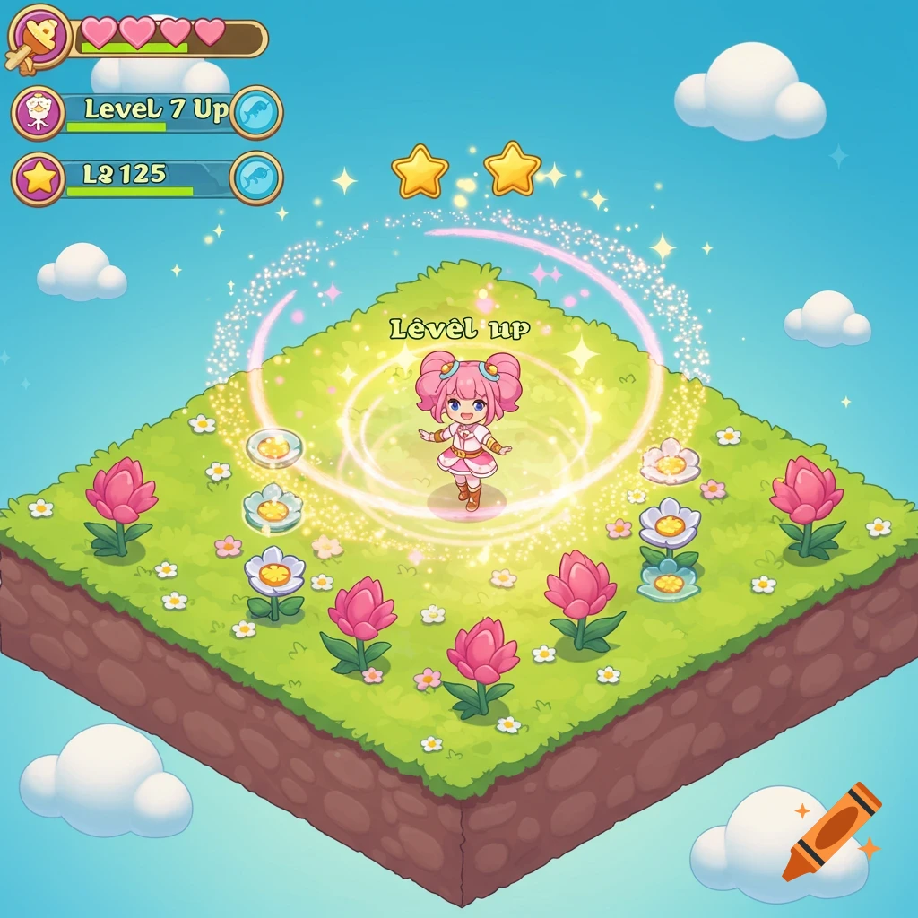 Cartoon girl on a floating island with flowers and game UI elements under a blue sky with clouds.