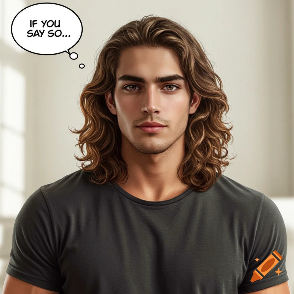 Portrait of a handsome man with long wavy hair and a thought bubble saying 'IF YOU SAY SO...'