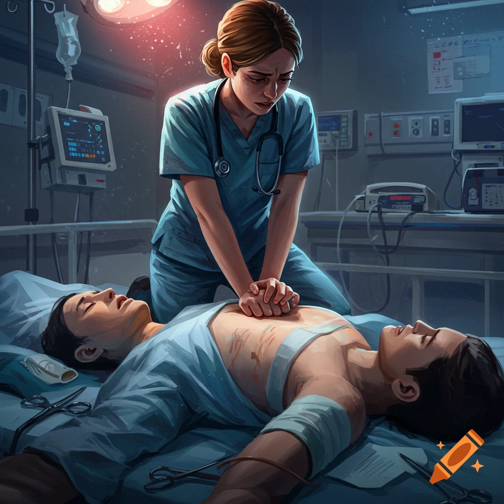 A medical professional is performing CPR on a patient in a hospital.