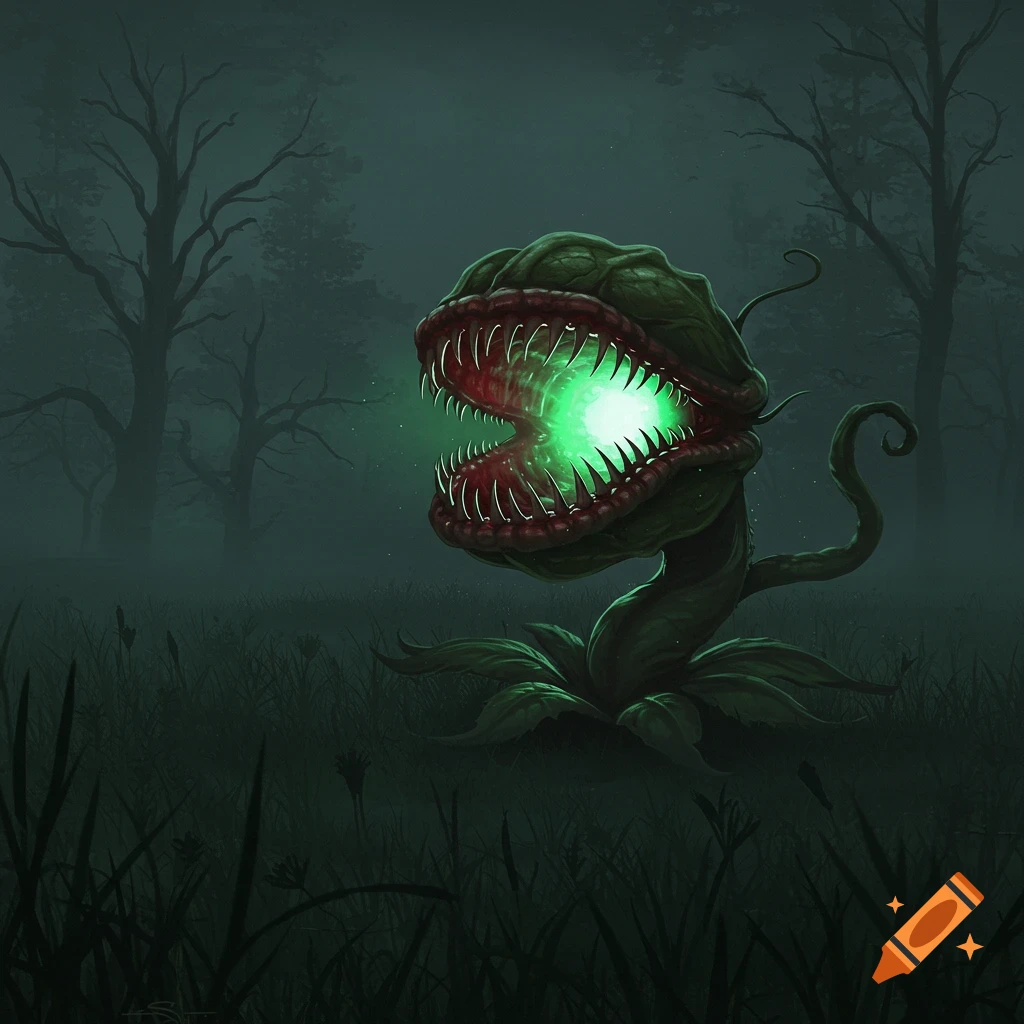 A monstrous venus flytrap with a glowing mouth in a dark, foggy meadow.