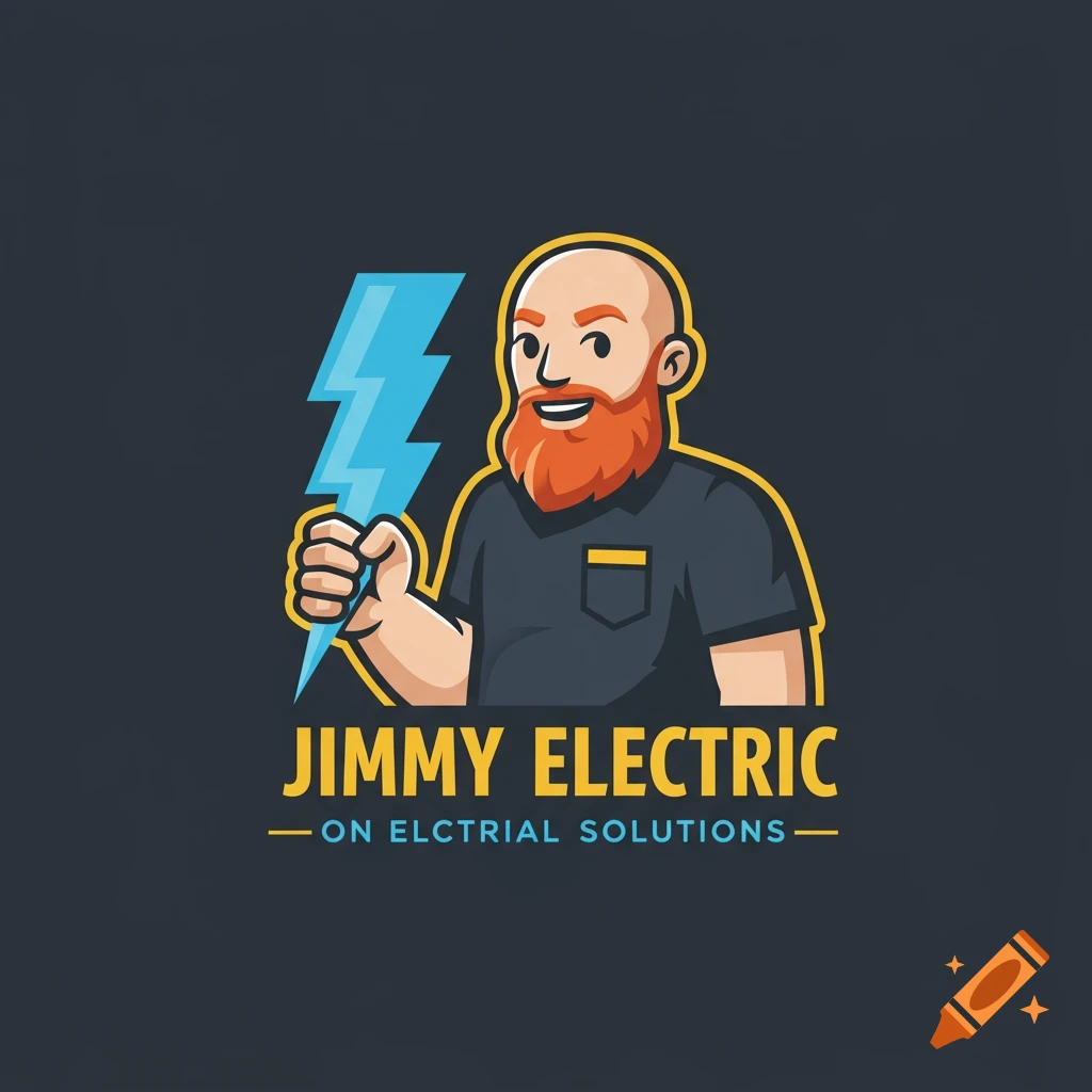 Cartoon logo of a bald man with red beard holding a lightning bolt for Jimmy Electric.