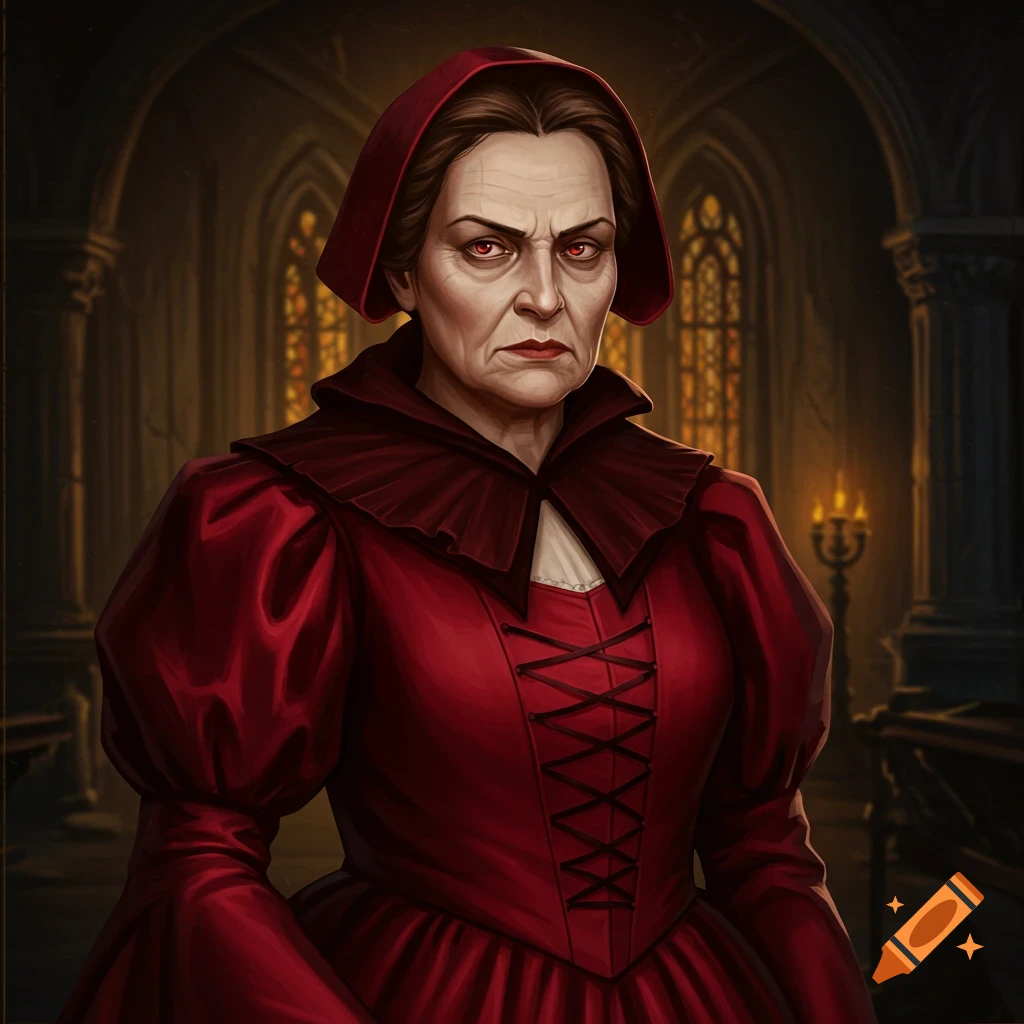 A stern woman in a red medieval dress stands in a dark hall with arched windows.