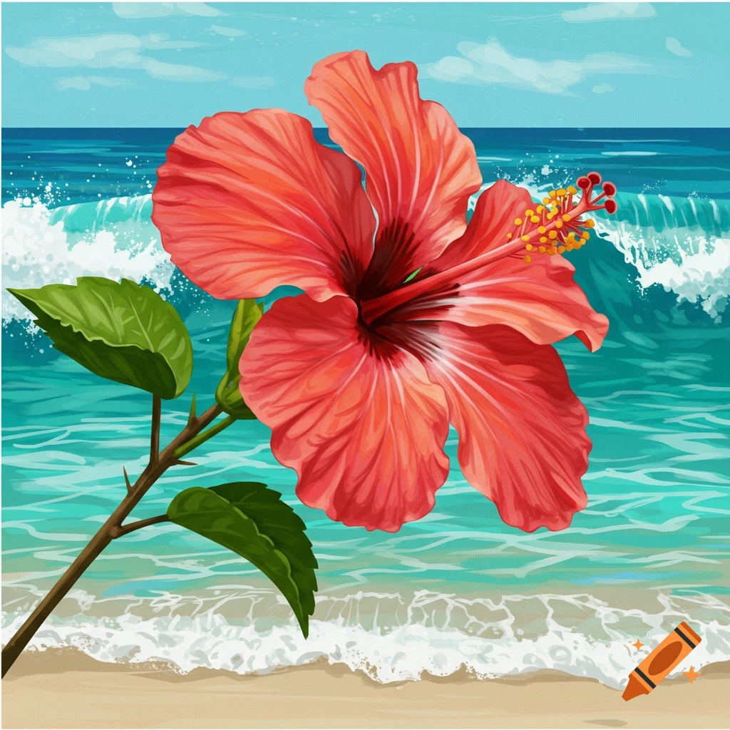 A red hibiscus flower against a beach scene with ocean waves.