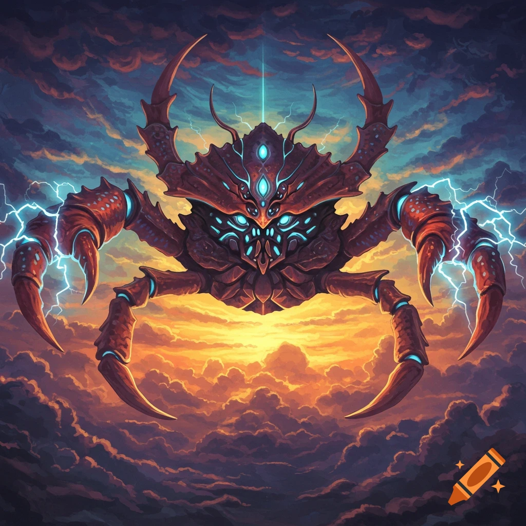 A large crab-like deity in the sky unleashes lightning