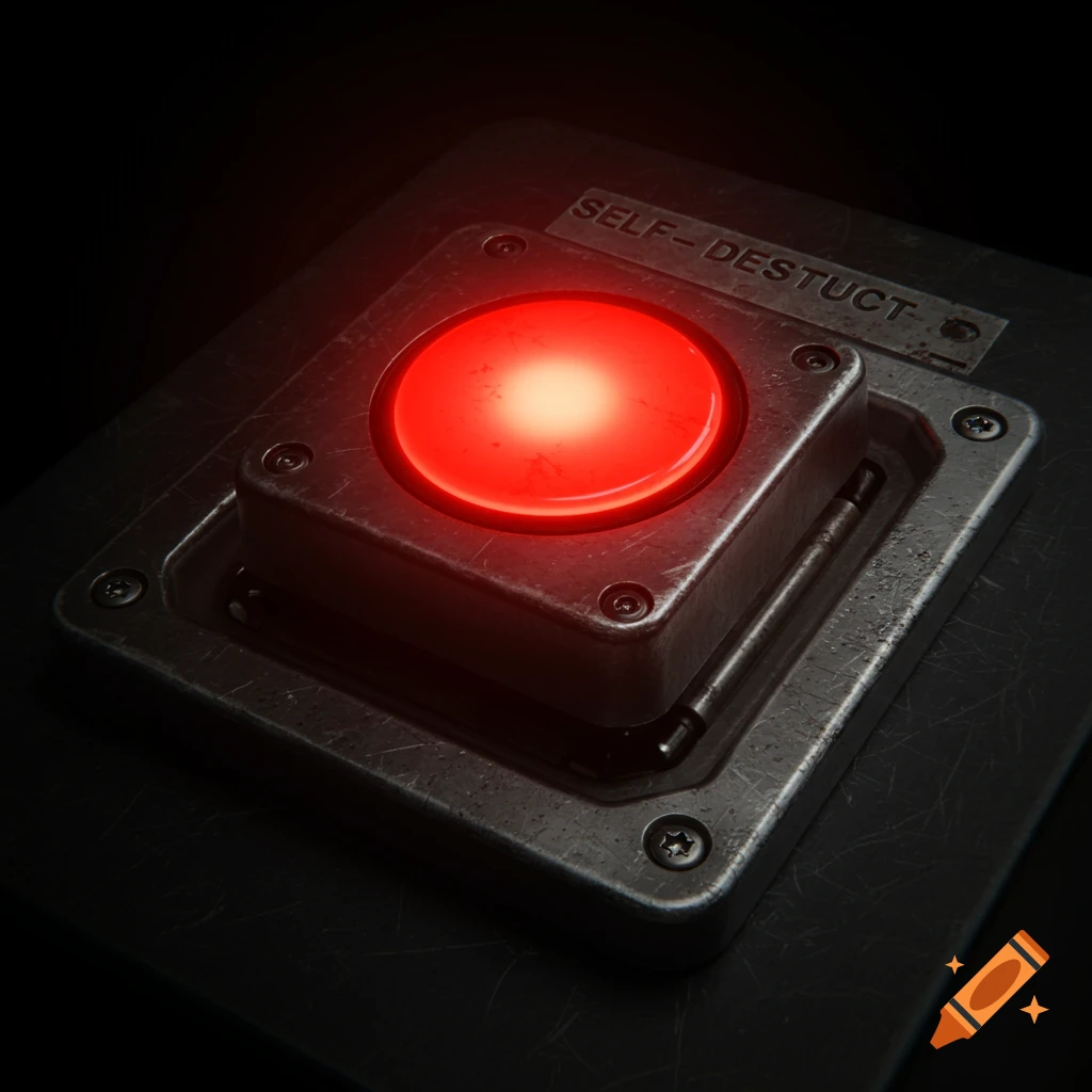 A close-up of a glowing red button on a metallic panel labeled 'SELF-DESTRUCT'.