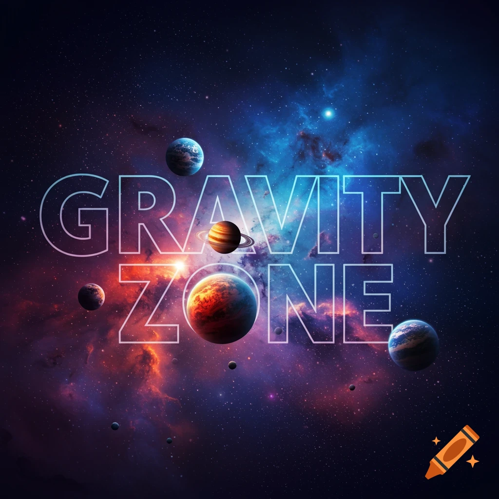 Outlined text "GRAVITY ZONE" over a space background with planets and stars.