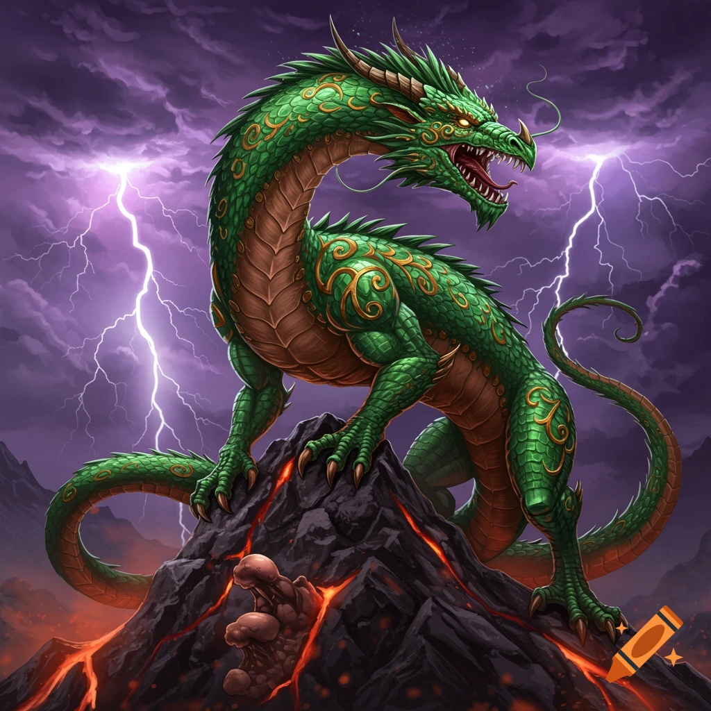 A vibrant green dragon with golden scales stands on a volcanic peak under a stormy sky with lightning.
