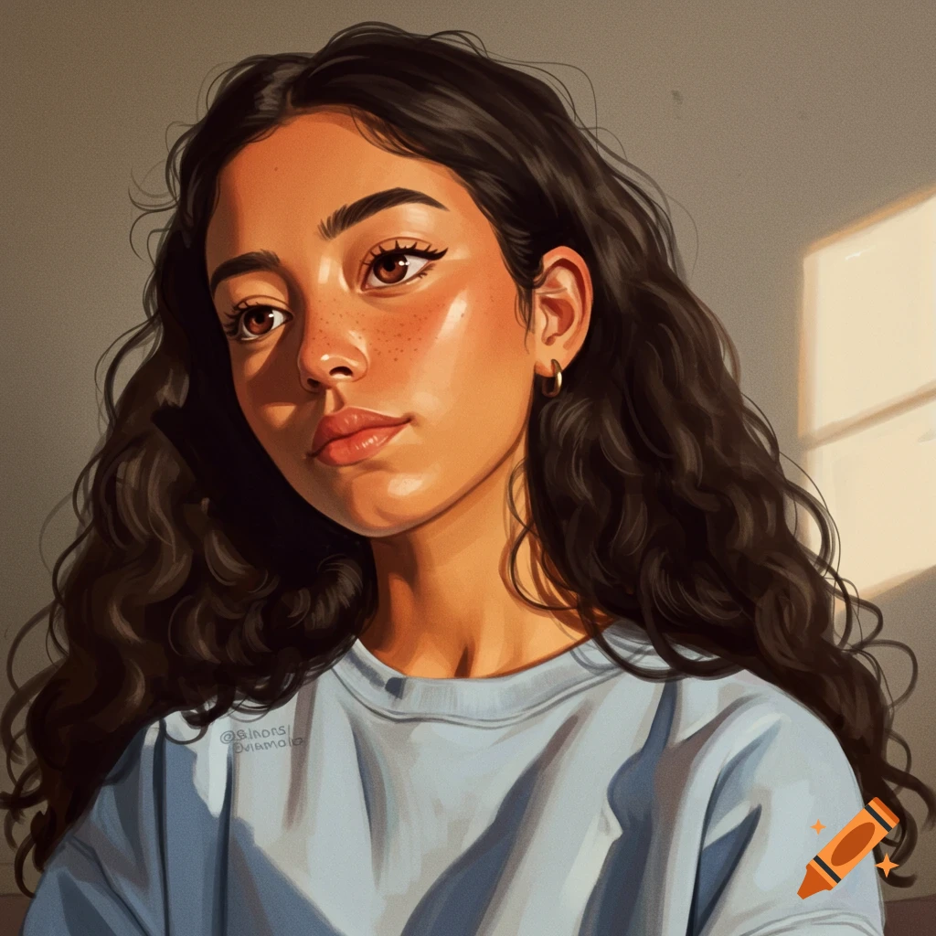A young woman with long curly dark hair, freckles, wearing a blue sweatshirt, bathed in warm sunlight.