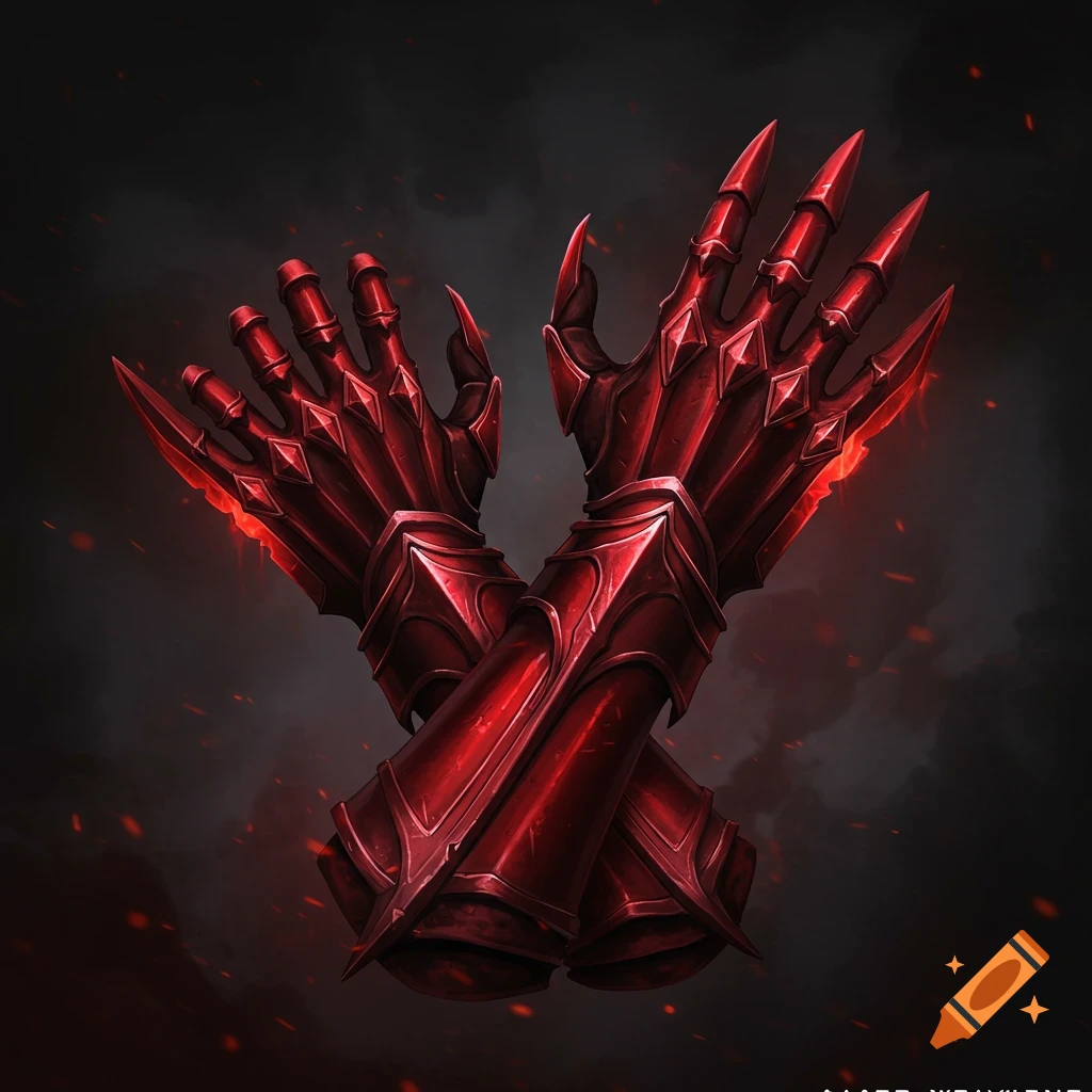 Crossed crimson red gauntlets with blade fingers against a dark background.
