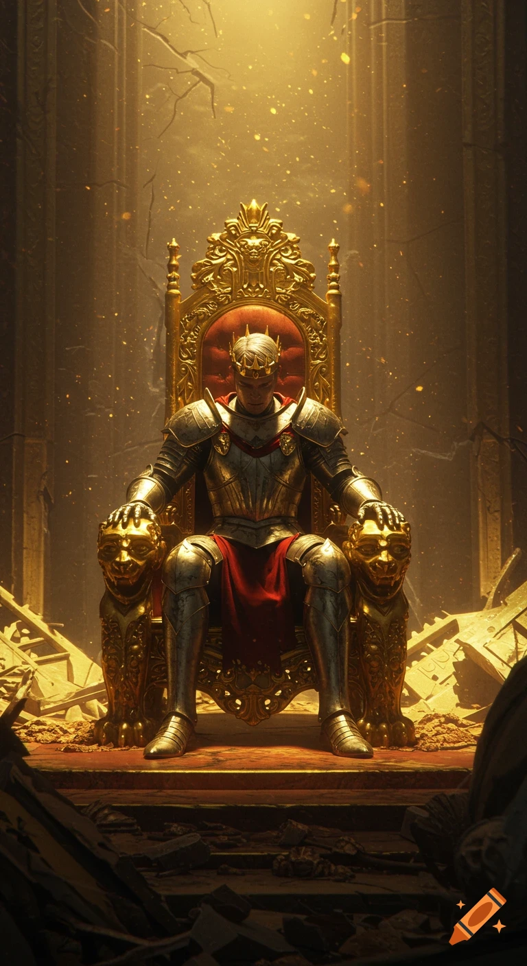 A knight in detailed armor sits on a golden throne in a ruined chamber with dramatic lighting.