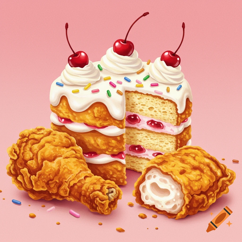 fried chicken pieces next to a slice of cake.