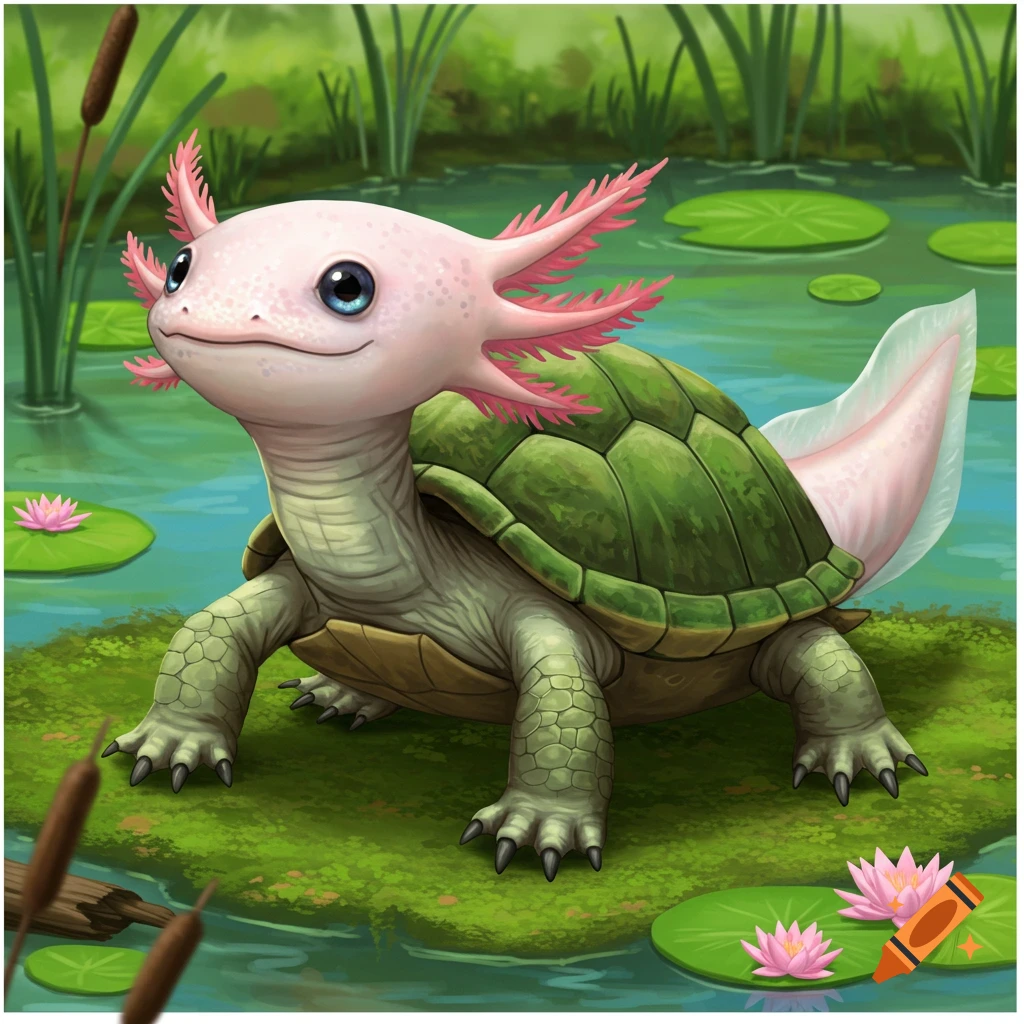 A cute axolotl-turtle hybrid sits in a pond with lily pads.