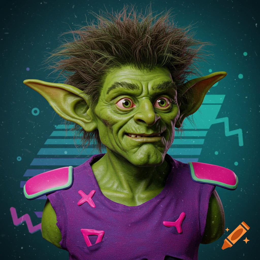 Headshot of a green goblin with large ears and spiky hair in an 80s retro style.