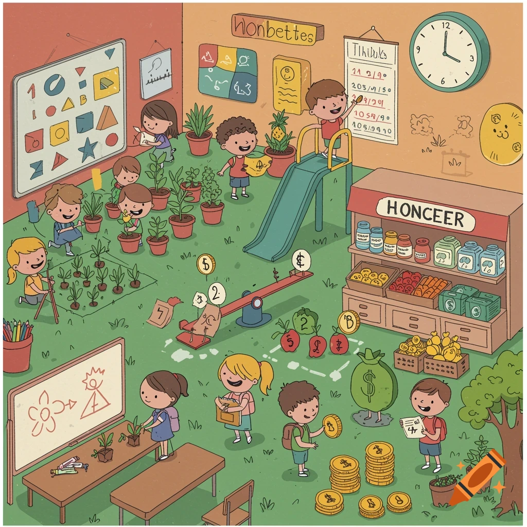 Colorful cartoon of children in a school setting with a garden, playground, and market stall, learning about plants, balance, and money.