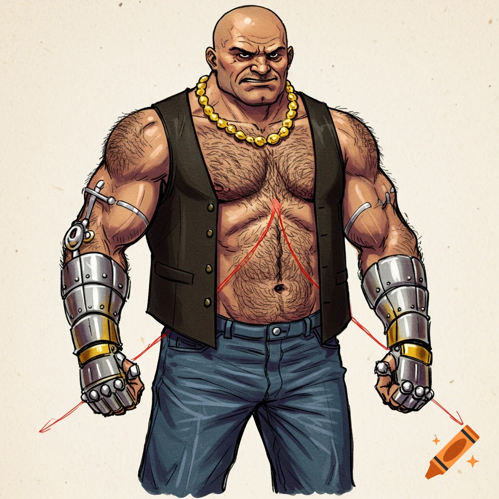 Sketch of a bald gangster in a vest and jeans, with gold chain, metal arm bracers, and long chest hair.