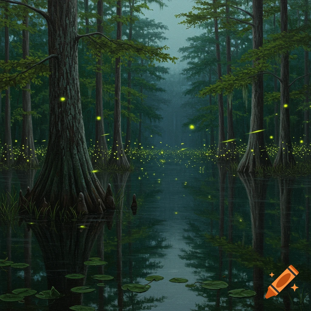 A painting of a swamp with trees reflected in water, illuminated by fireflies.