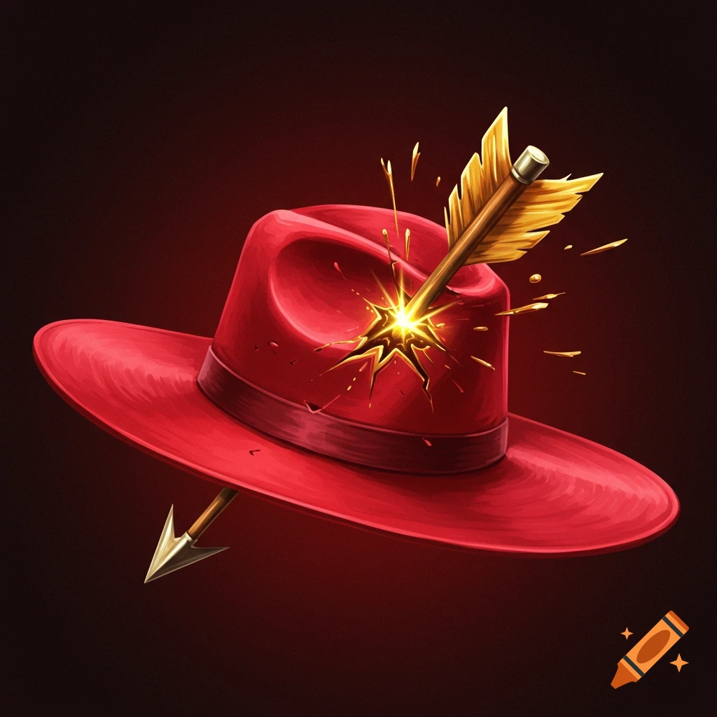 A red fedora hat is pierced by a golden arrow with a glowing impact.