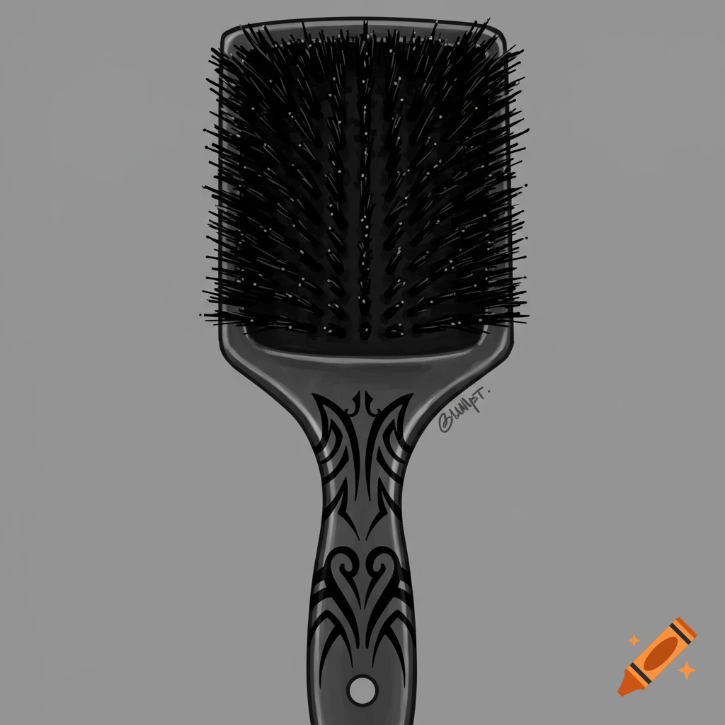 A black hairbrush with a grey tribal pattern on the handle.