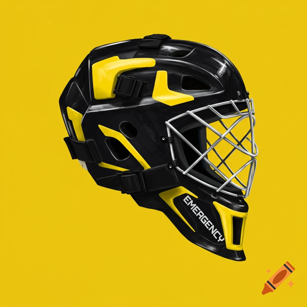 A black and yellow goalie mask sits on a yellow background.