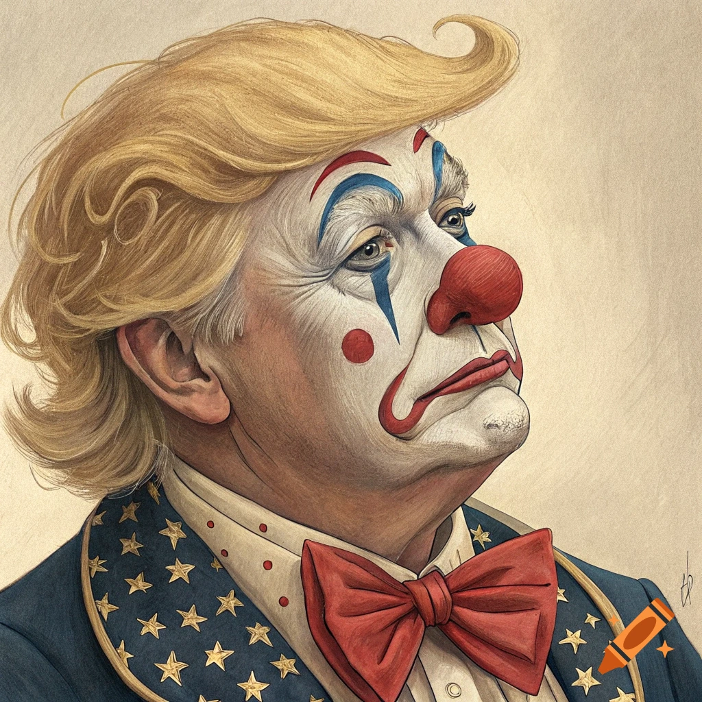 Illustration of a man resembling Donald Trump in clown makeup and a star-spangled jacket.