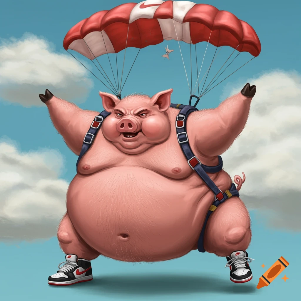 A grumpy pig skydiving with parachute and sneakers.