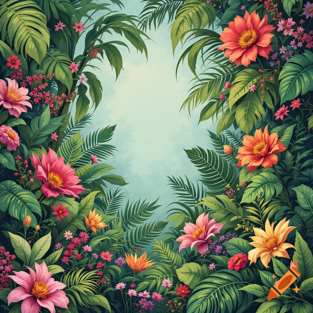 A dense frame of colorful flowers and lush green leaves surrounding a light background.