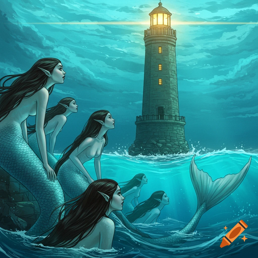 Mermaids looking at a lighthouse from the ocean