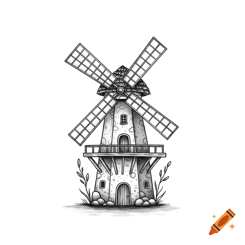 Black and white sketch illustration of a small windmill