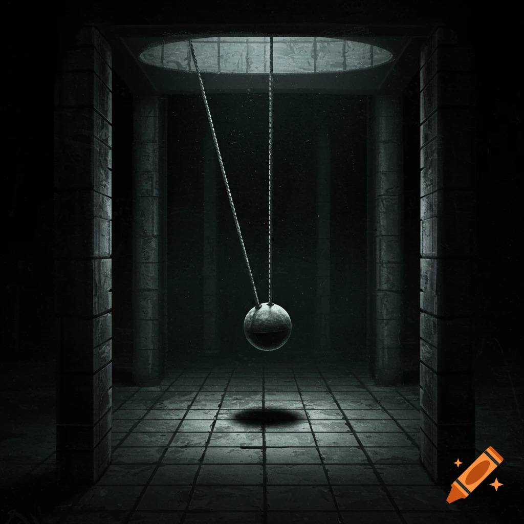 A pendulum swinging in a dark, gothic chamber.