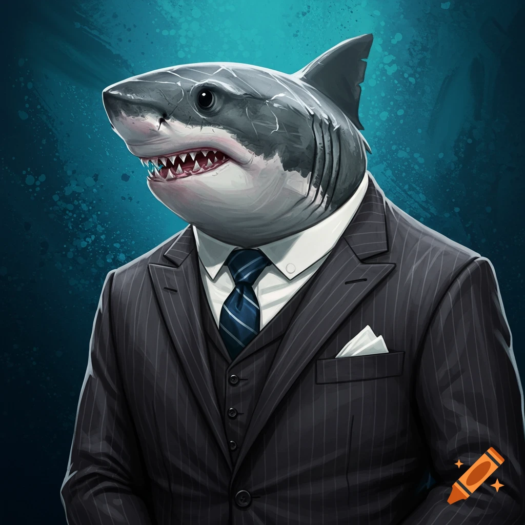 Illustration of a shark wearing a dark pinstripe suit and tie against a blue background.