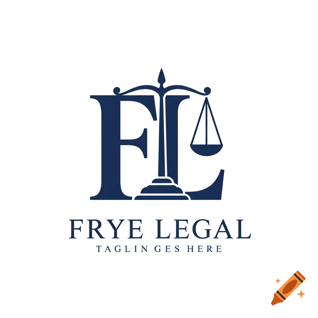 Blue logo on white background, combining letters F and L with scales of justice, text reads Frye Legal and Taglin Ges Here.
