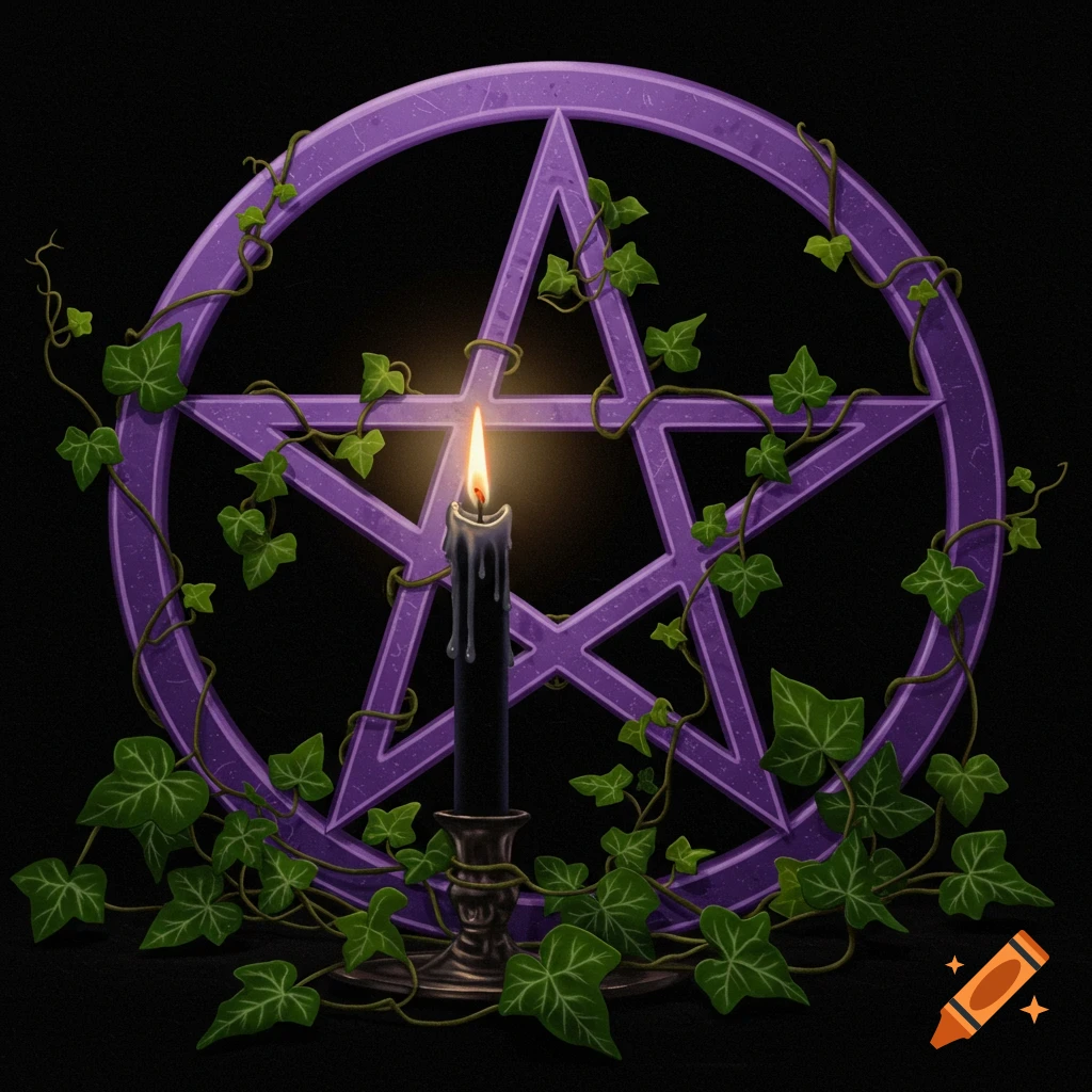 A purple pentacle surrounded by green ivy leaves with a lit black candle in front.