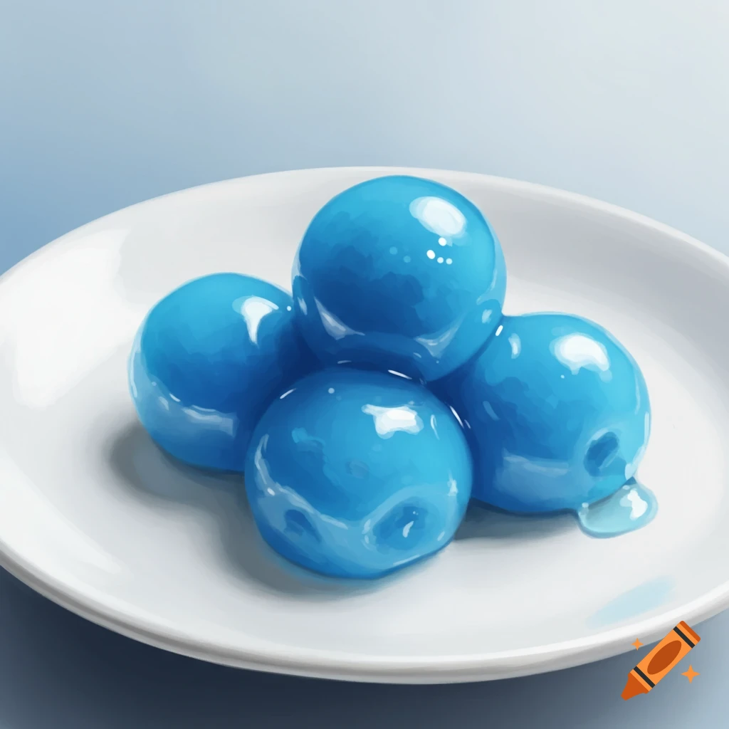 Five blue, glazed spheres resembling dango on a white plate