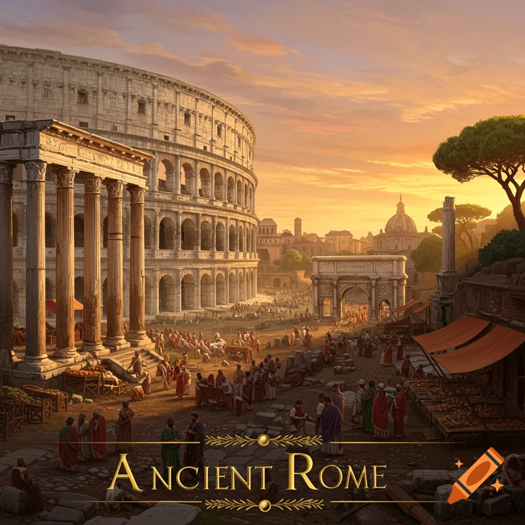 An ancient Roman cityscape with the Colosseum, arch, and market scene, text reads 'ANCIENT ROME'.