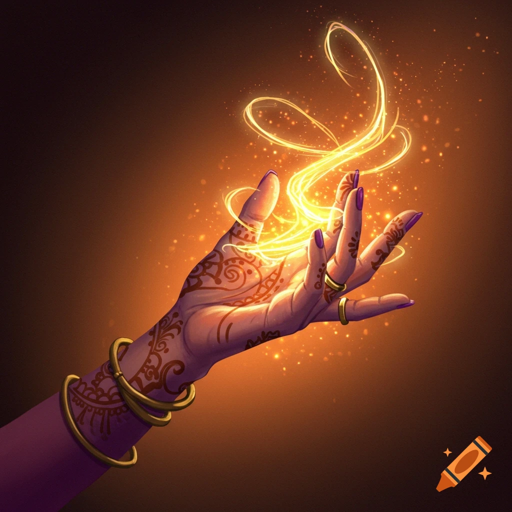 A hand adorned with henna and bangles, emitting golden magical energy.