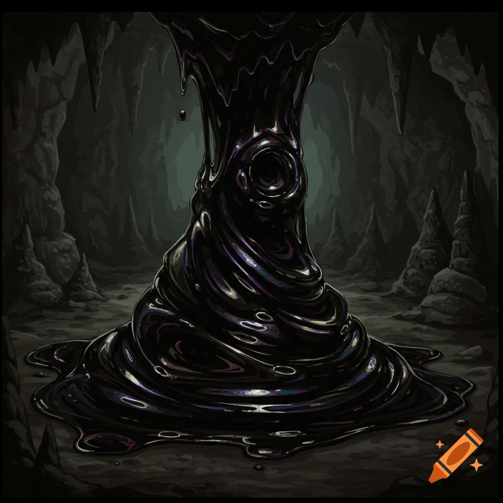 A dark, glossy ferrofluid ooze in a cave.